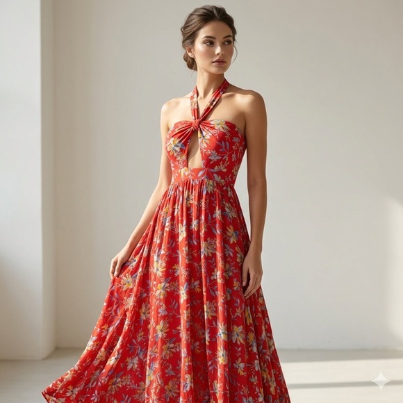 Kimchi Blue Dresses & Skirts - Kimchi Blue Red Floral Halter Maxi Dress Keyhole Cutout Slit Size 0 NWT